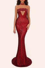 sherry rhinestone embellished cutout sequin strapless maxi dress - red