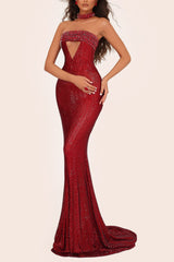 sherry rhinestone embellished cutout sequin strapless maxi dress - red