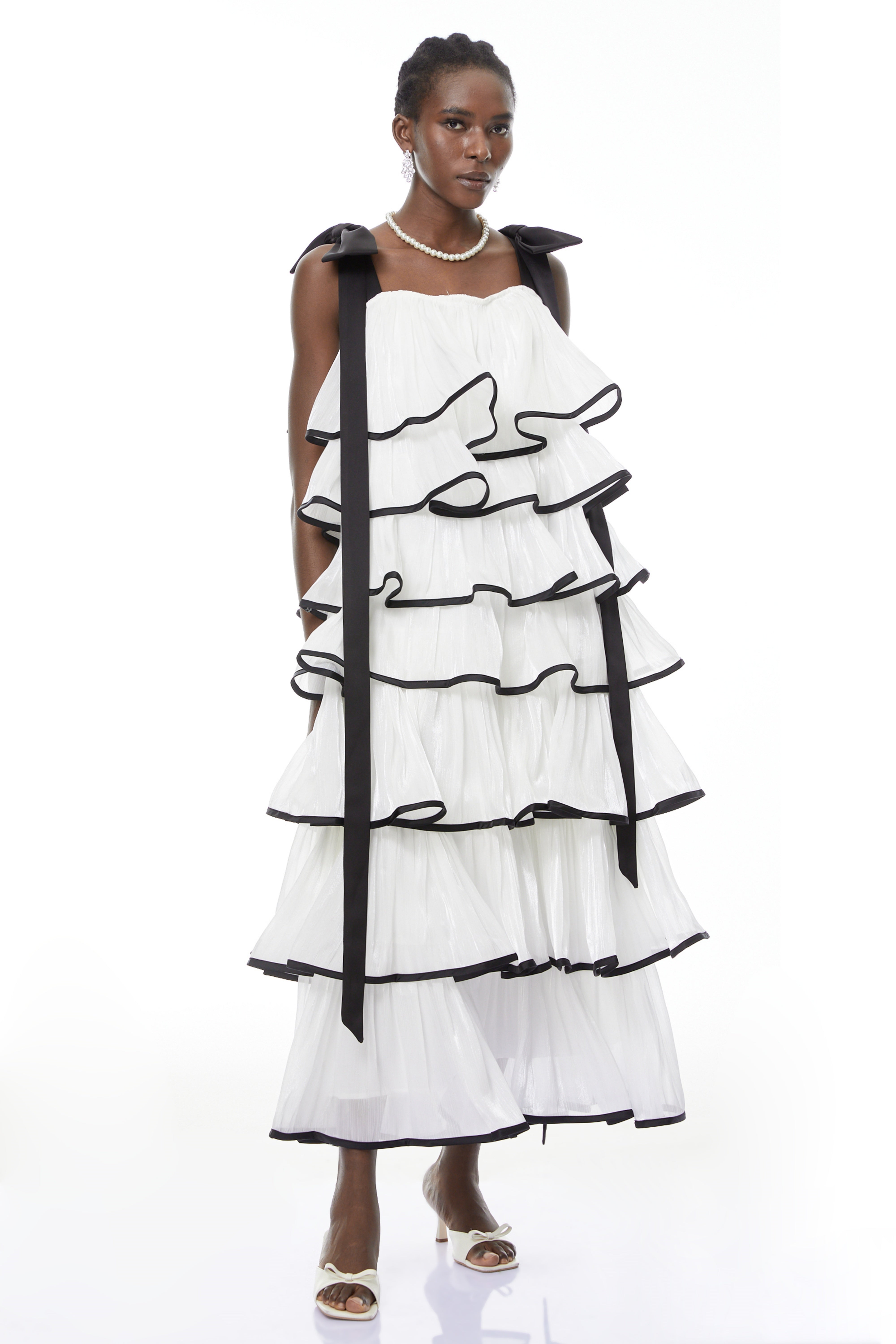 Mandy Elegant White Maxi Dress with Ruffles and Bows
