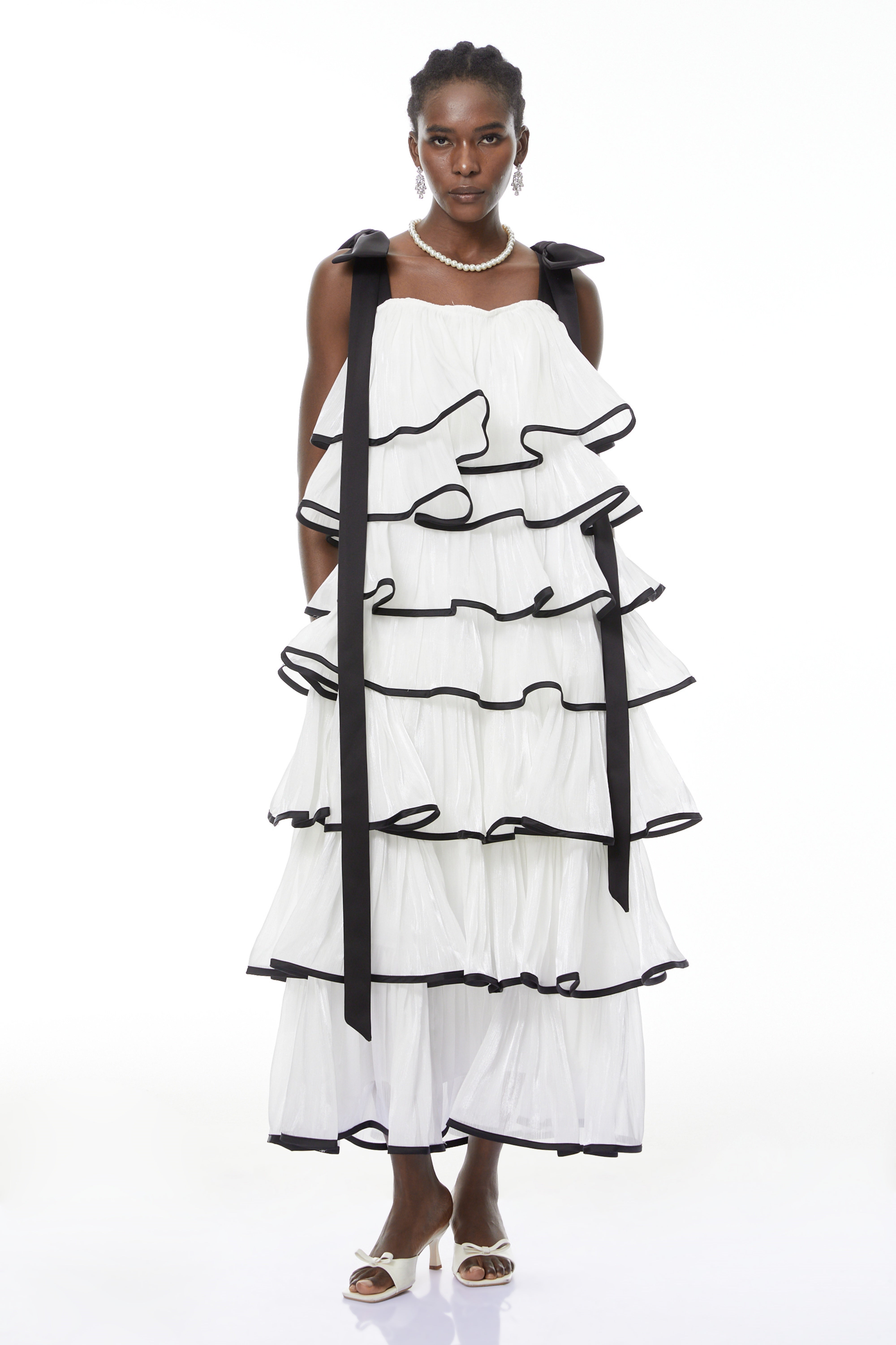 Mandy Elegant White Maxi Dress with Ruffles and Bows