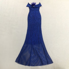 riva feather embellished hollowed sequin bodycon maxi dress in blue