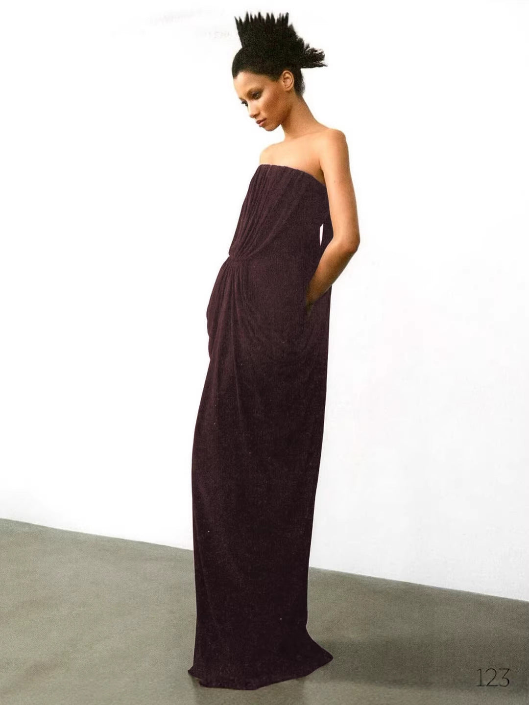 simona pleated Crepe Jersey strapless Gown in brown