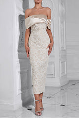 polly Contour Off-Shoulder Jacquard Floral Maxi Dress - apricot