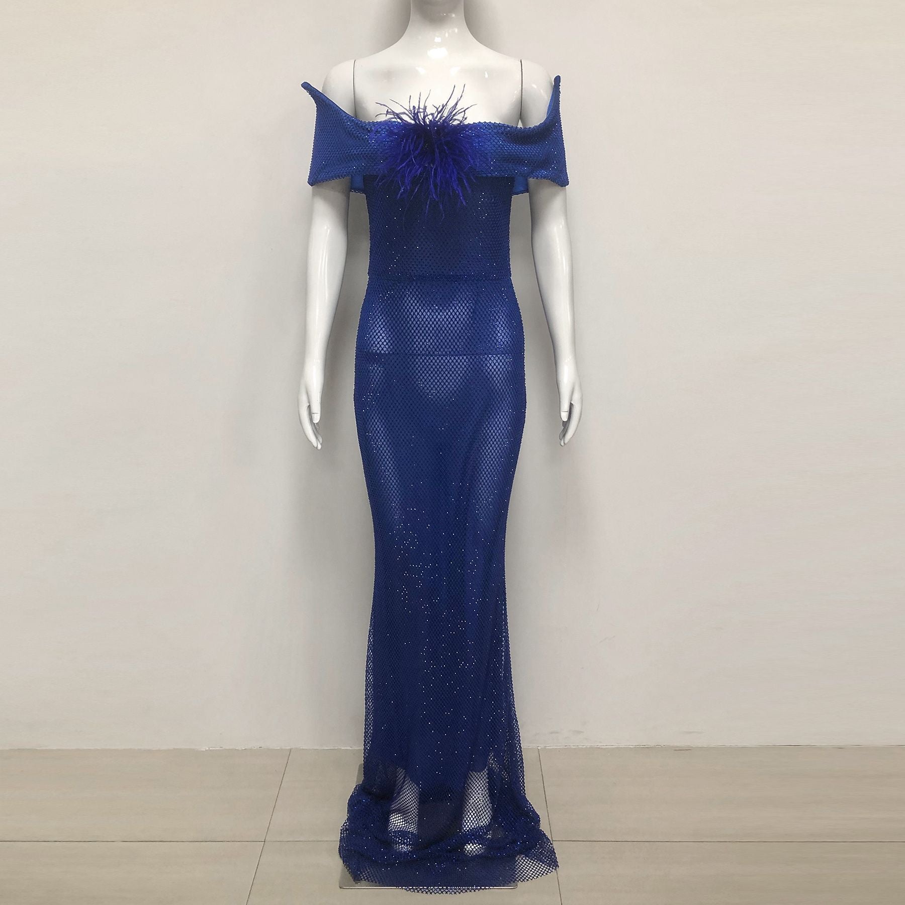 riva feather embellished hollowed sequin bodycon maxi dress in blue