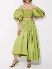 giselle drawstring off-shoulder midi skirt - green