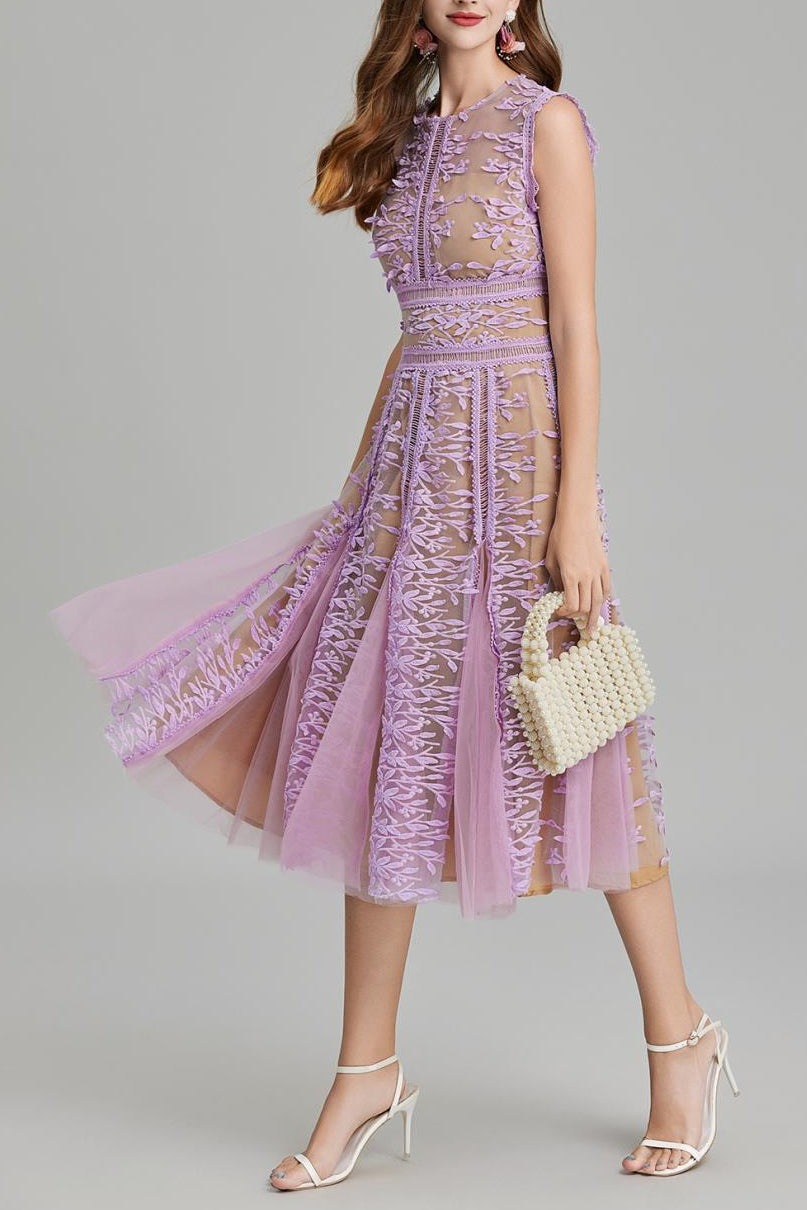 phoenix 3d Embroidered lace mesh midi dress in purple