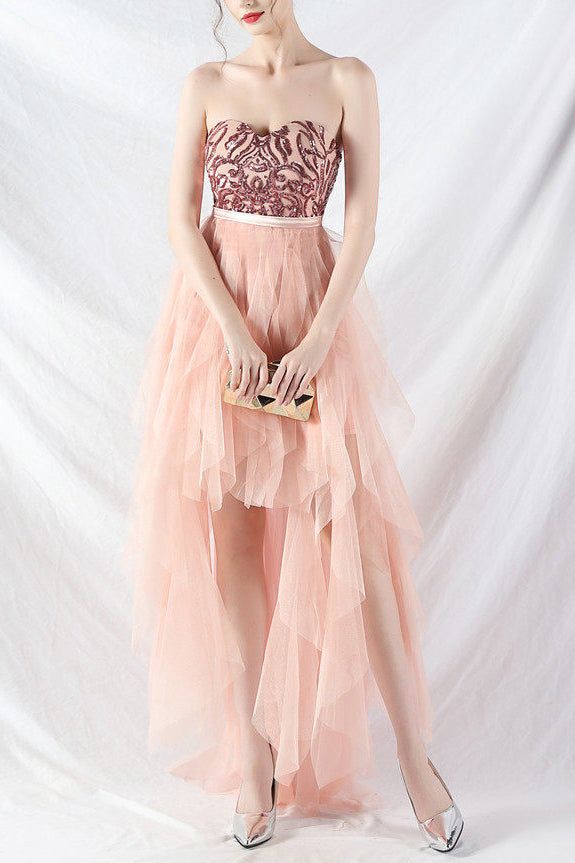 strapless sequin tulle midi dress- pink