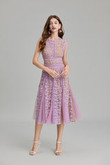 phoenix 3d Embroidered lace mesh midi dress in purple