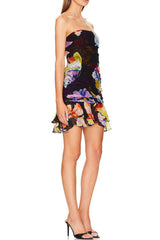 kelly Printed ruffle strapless mini dress - black