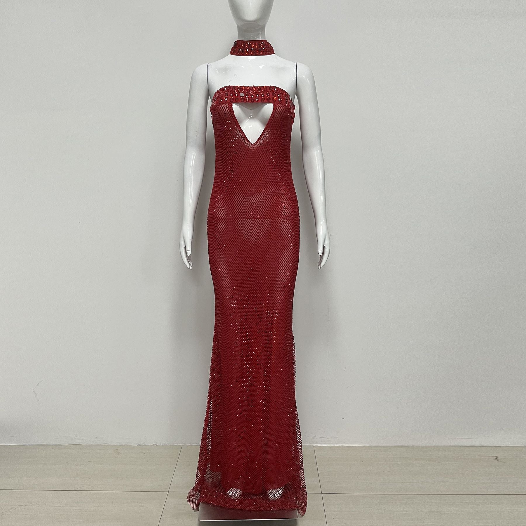 sherry rhinestone embellished cutout sequin strapless maxi dress - red