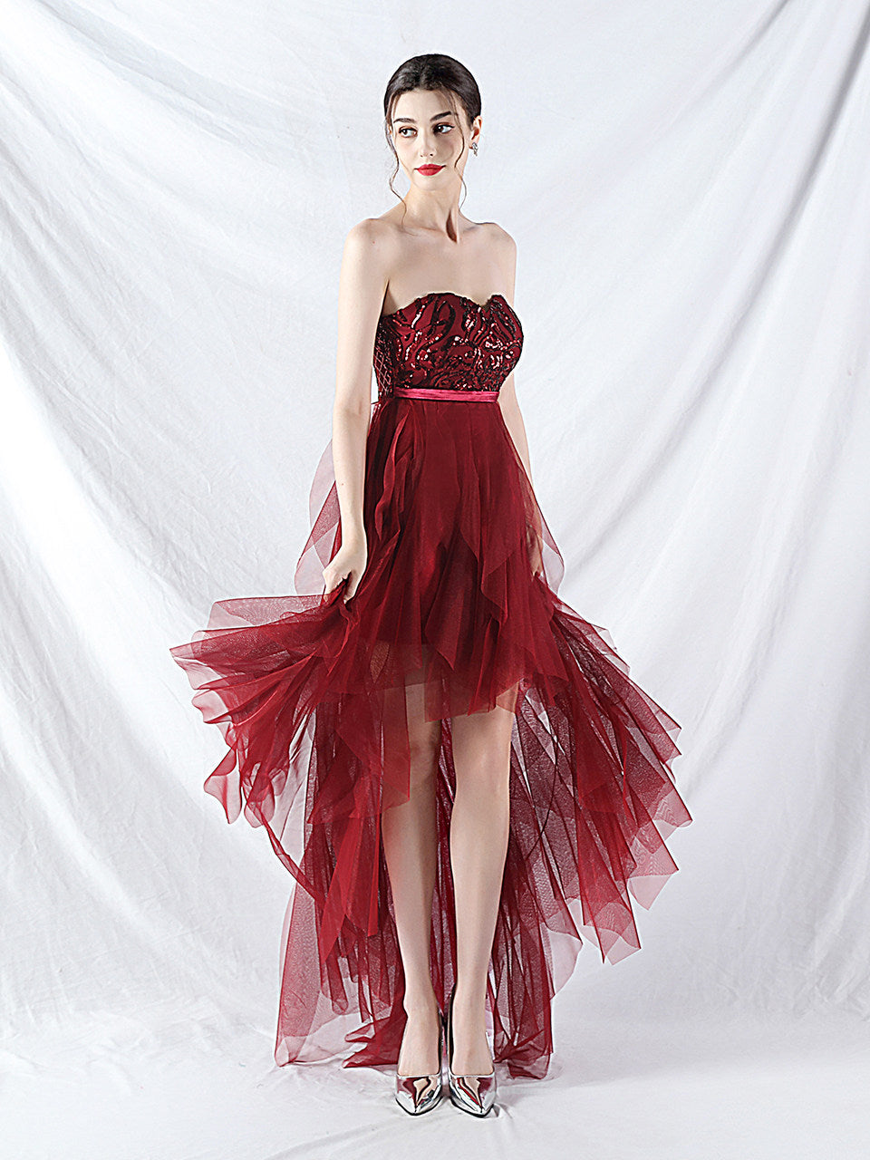 strapless sequin tulle midi dress- pink