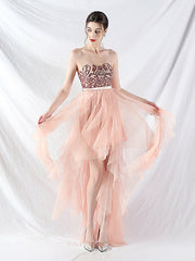 strapless sequin tulle midi dress- pink