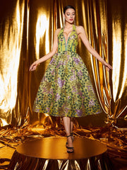 penny v-neck flower appliqué backless midi dress in green