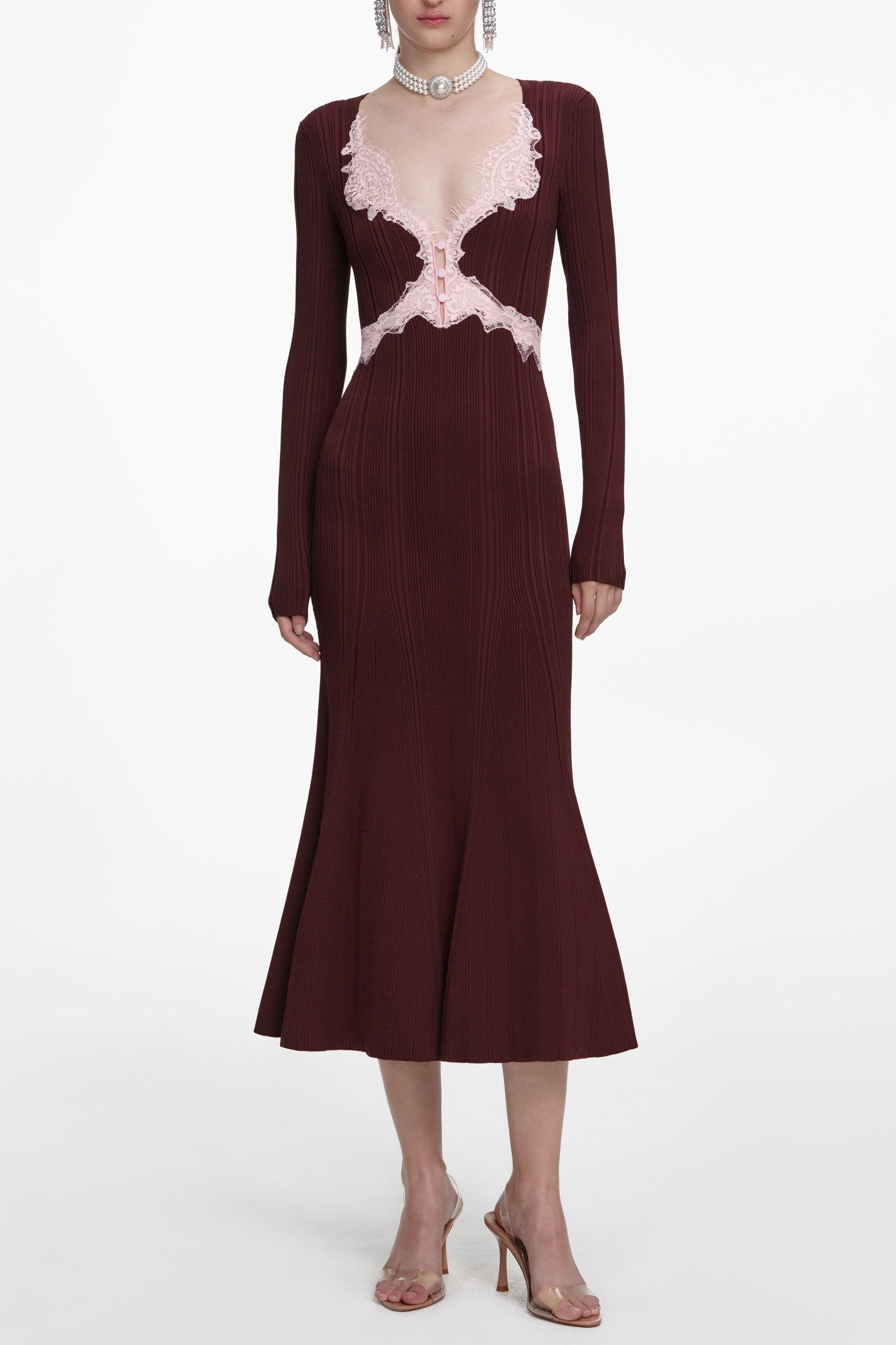 Apphia Chic Brown Knit Midi Dress with Contrast Lace