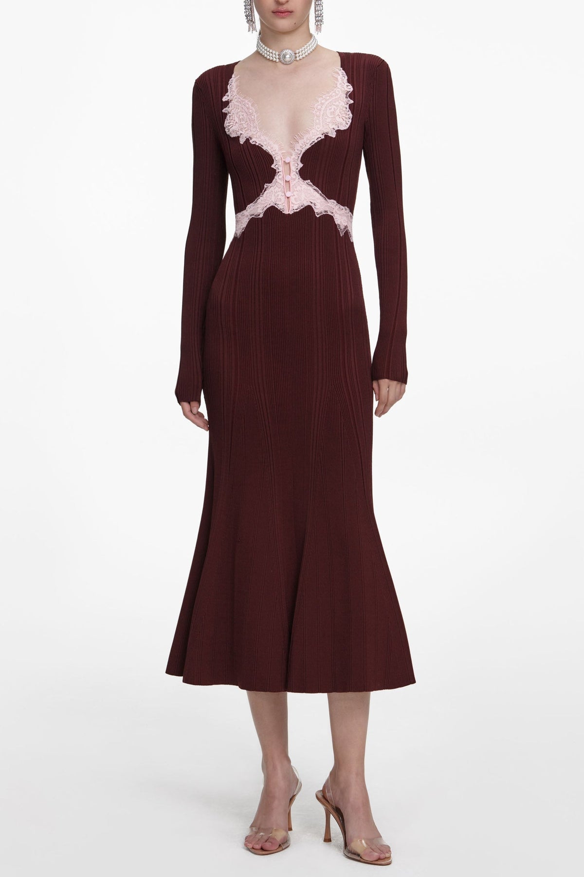 Apphia Chic Brown Knit Midi Dress with Contrast Lace