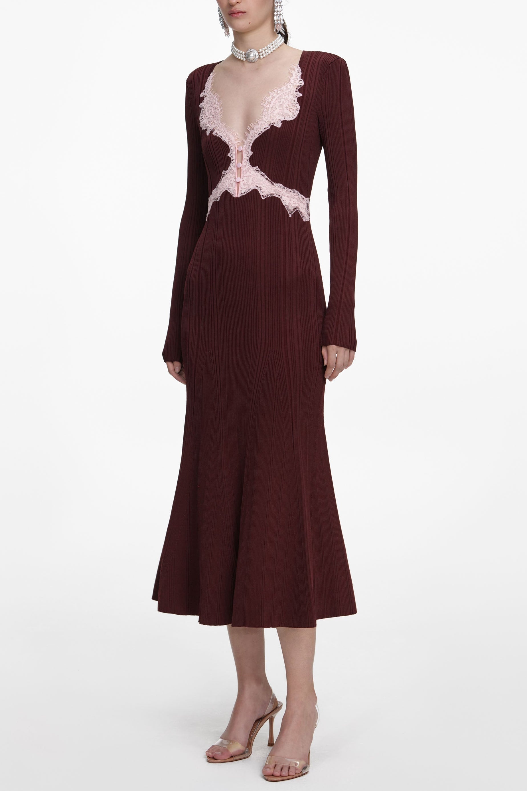 Apphia Chic Brown Knit Midi Dress with Contrast Lace