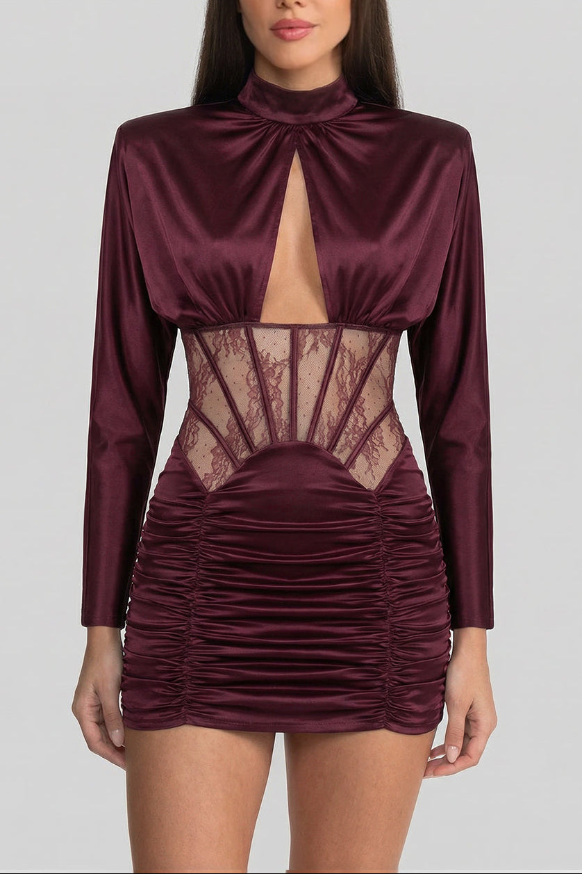 phoebe Satin Mini Dress with Lace Corset Insert – Burgundy