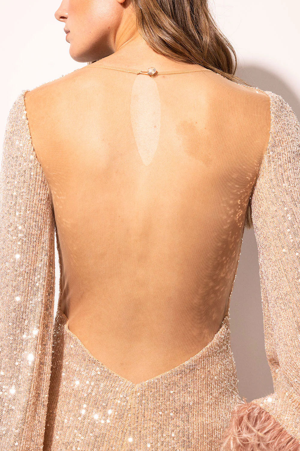 Murray Pale Pink Sequin Mini Dress with Feather Trim