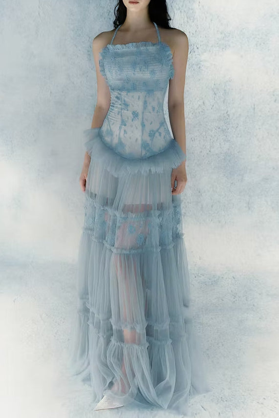 Hermosa Lace Splicing Layer Maxi Dress in Sky Blue