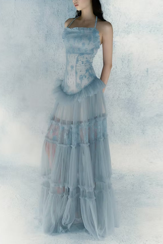 Hermosa Lace Splicing Layer Maxi Dress in Sky Blue