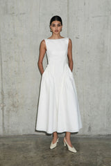 Stretch Cotton Sateen Midi Dress in white