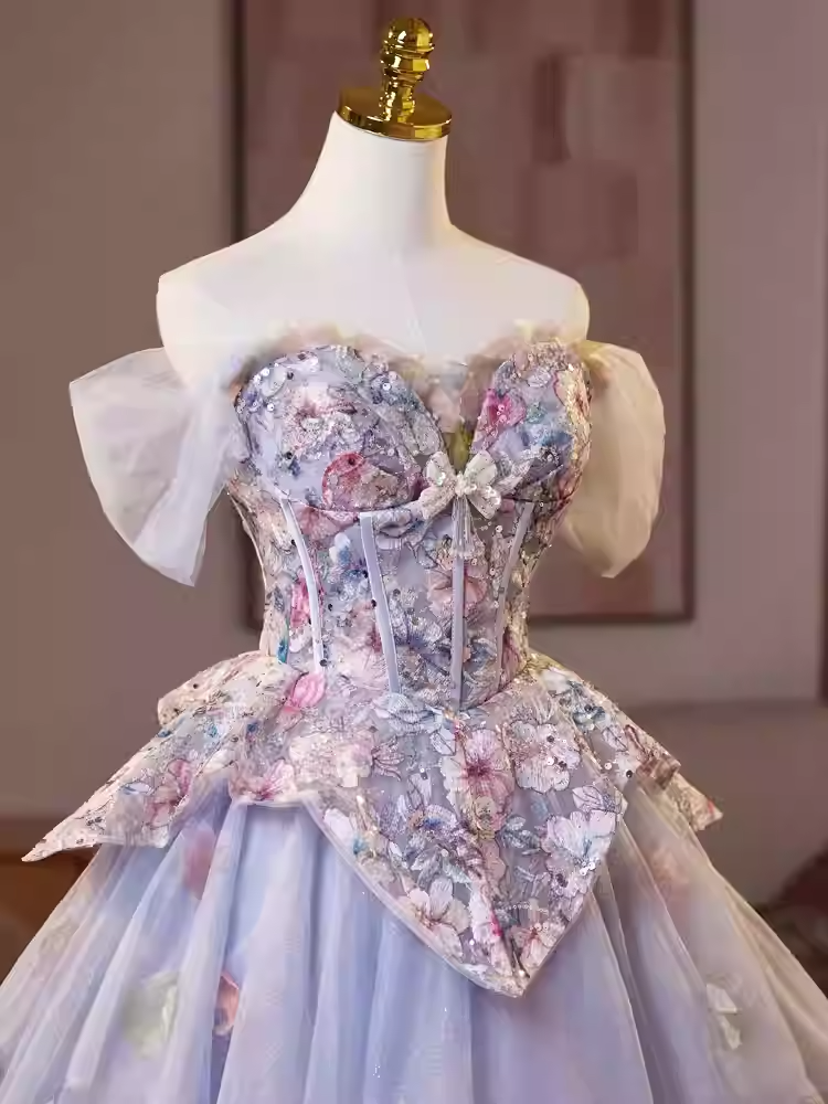 kelly floral print embroidery tulle puffy mini dress