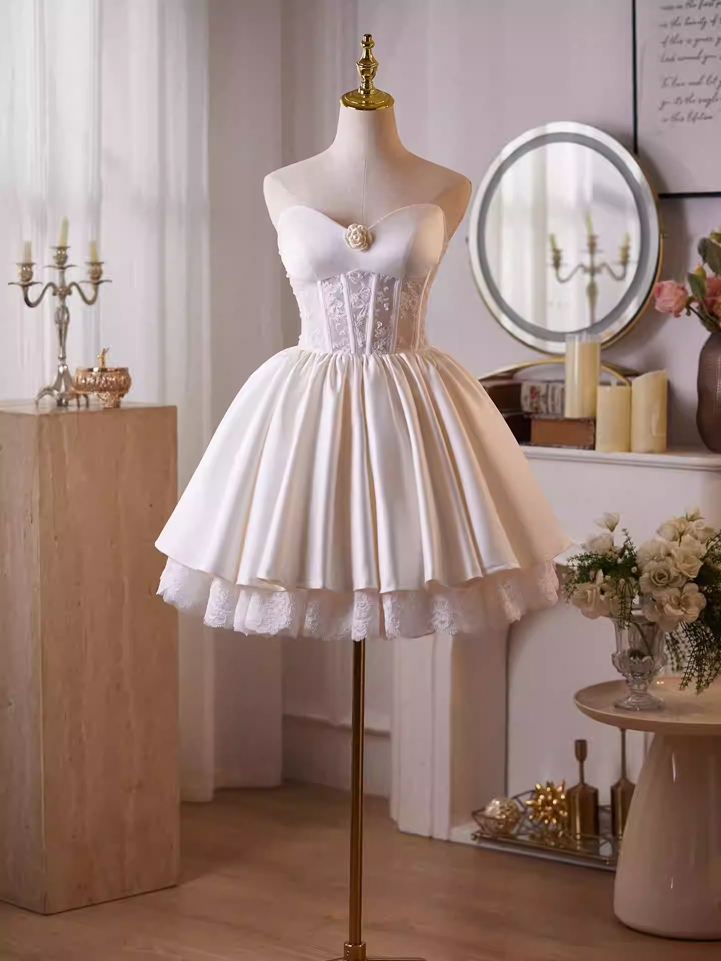 helen white flower Strapless lace satin mini dress